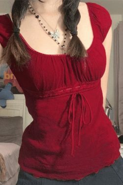 Vintage Lace Trim Blouse with Tie Front - Y2K Fashion Aesthetic Women's Top