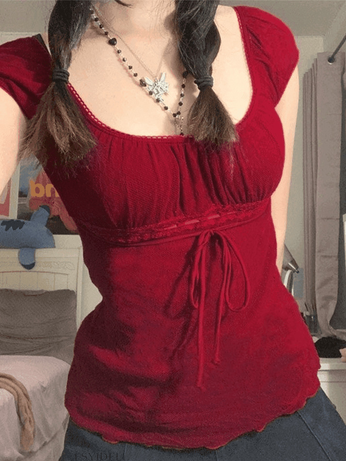 Vintage Lace Trim Blouse with Tie Front - Y2K Fashion Aesthetic Women's Top