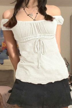 Vintage Lace Trim Blouse with Tie Front - Y2K Fashion Aesthetic Women's Top