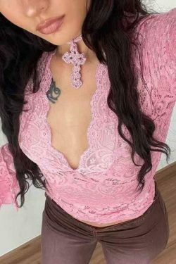 Vintage Lace V-Neck Flare Sleeve Shirt - Y2K Fashion Aesthetic for Women