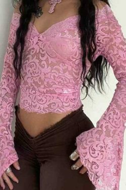 Vintage Lace V-Neck Flare Sleeve Shirt - Y2K Fashion Aesthetic for Women