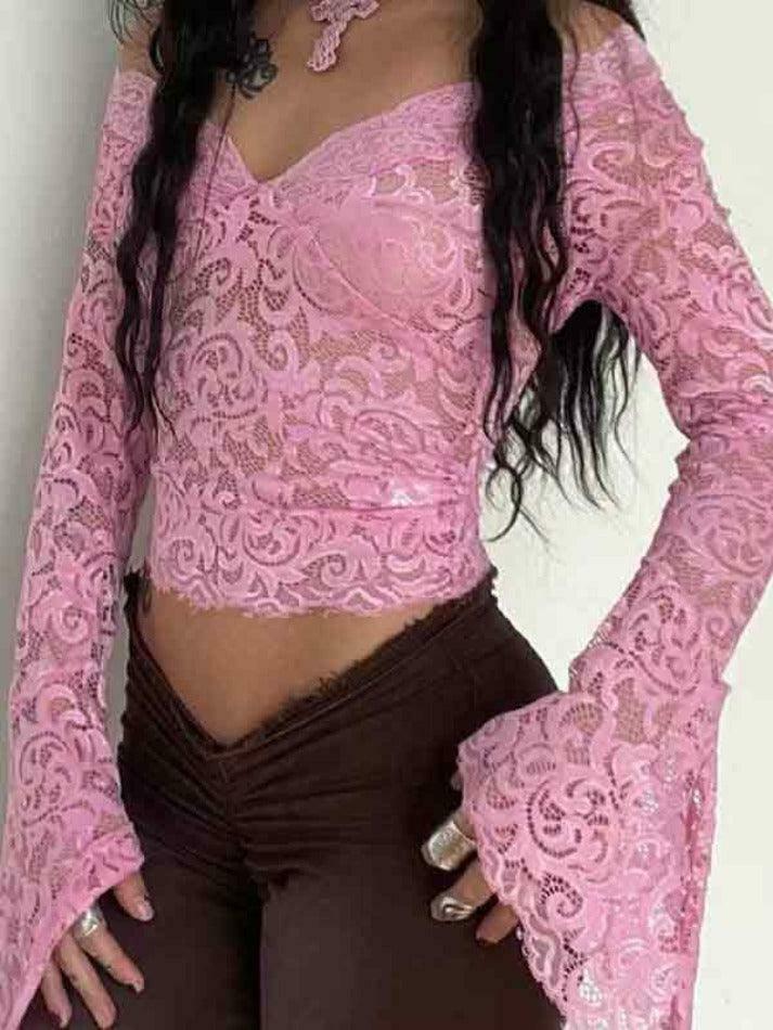 Vintage Lace V-Neck Flare Sleeve Shirt - Y2K Fashion Aesthetic for Women