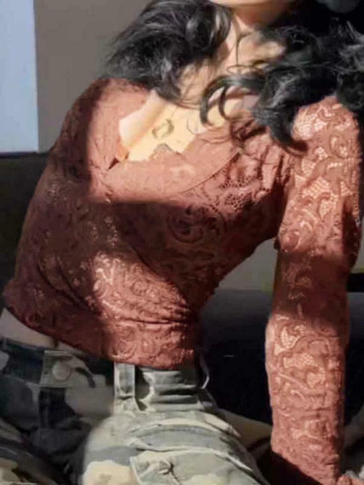 Vintage Lace V-Neck Flare Sleeve Shirt - Y2K Fashion Aesthetic for Women