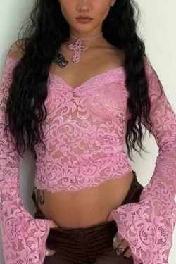 Vintage Lace V-Neck Flare Sleeve Shirt - Y2K Fashion Aesthetic for Women