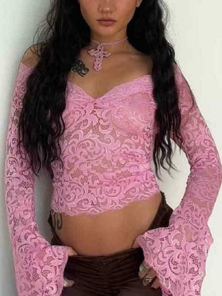 Vintage Lace V-Neck Flare Sleeve Shirt - Y2K Fashion Aesthetic for Women