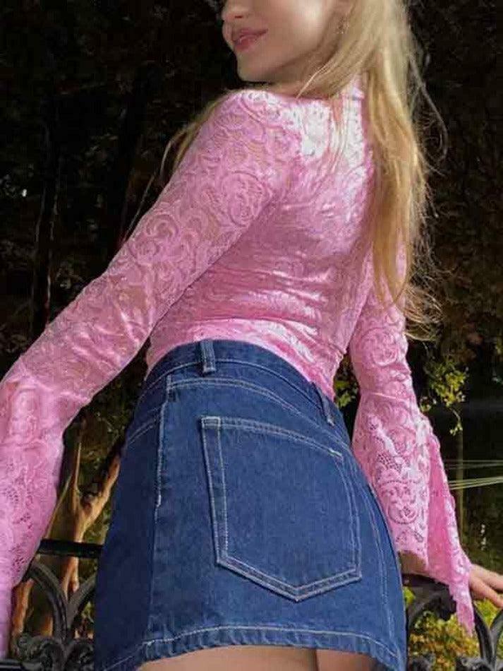 Vintage Lace V-Neck Flare Sleeve Shirt - Y2K Fashion Aesthetic for Women