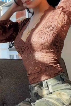 Vintage Lace V-Neck Flare Sleeve Shirt - Y2K Fashion Aesthetic for Women