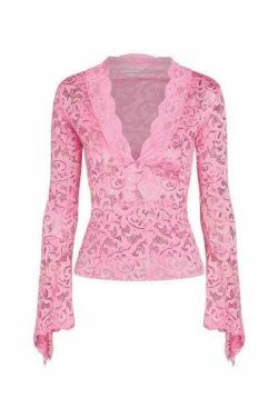 Vintage Lace V-Neck Flare Sleeve Shirt - Y2K Fashion Aesthetic for Women