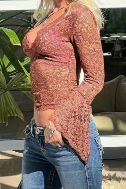 Vintage Lace V-Neck Flare Sleeve Shirt - Y2K Fashion Aesthetic for Women