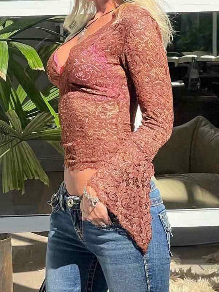 Vintage Lace V-Neck Flare Sleeve Shirt - Y2K Fashion Aesthetic for Women