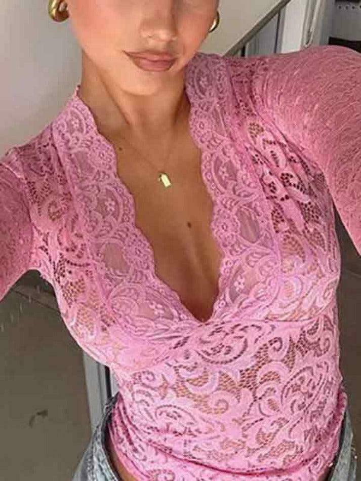 Vintage Lace V-Neck Flare Sleeve Shirt - Y2K Fashion Aesthetic for Women