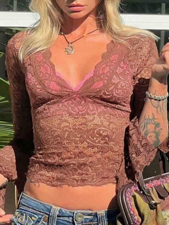 Vintage Lace V-Neck Flare Sleeve Shirt - Y2K Fashion Aesthetic for Women