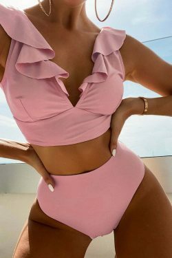 Vintage Lace V-neck Ruffled High Waist Bikini - Y2K Fashion Swimwear for Women