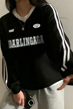 Vintage Letter Print V Neck Piping Long Sleeve Tee - Y2K Fashion Aesthetic Top