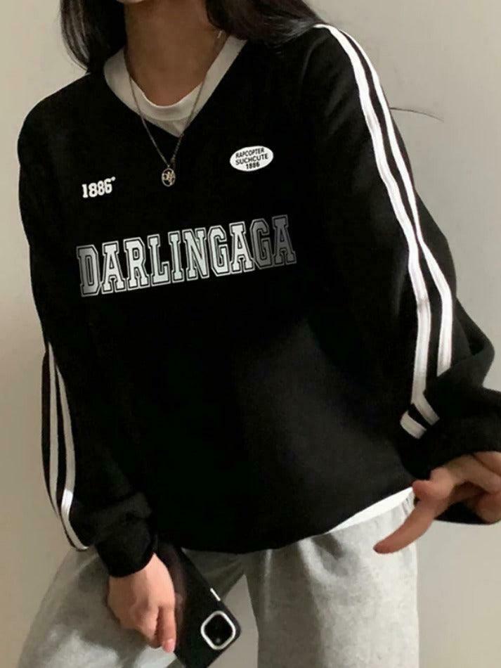 Vintage Letter Print V Neck Piping Long Sleeve Tee - Y2K Fashion Aesthetic Top