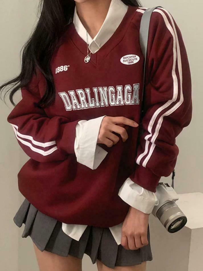 Vintage Letter Print V Neck Piping Long Sleeve Tee - Y2K Fashion Aesthetic Top