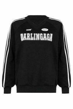 Vintage Letter Print V Neck Piping Long Sleeve Tee - Y2K Fashion Aesthetic Top