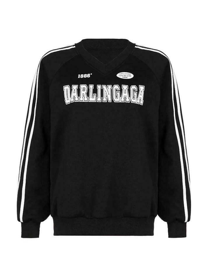 Vintage Letter Print V Neck Piping Long Sleeve Tee - Y2K Fashion Aesthetic Top