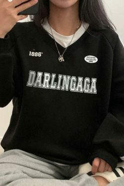 Vintage Letter Print V Neck Piping Long Sleeve Tee - Y2K Fashion Aesthetic Top