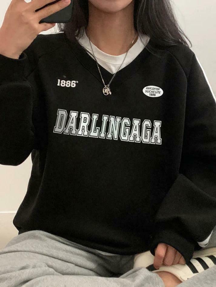 Vintage Letter Print V Neck Piping Long Sleeve Tee - Y2K Fashion Aesthetic Top