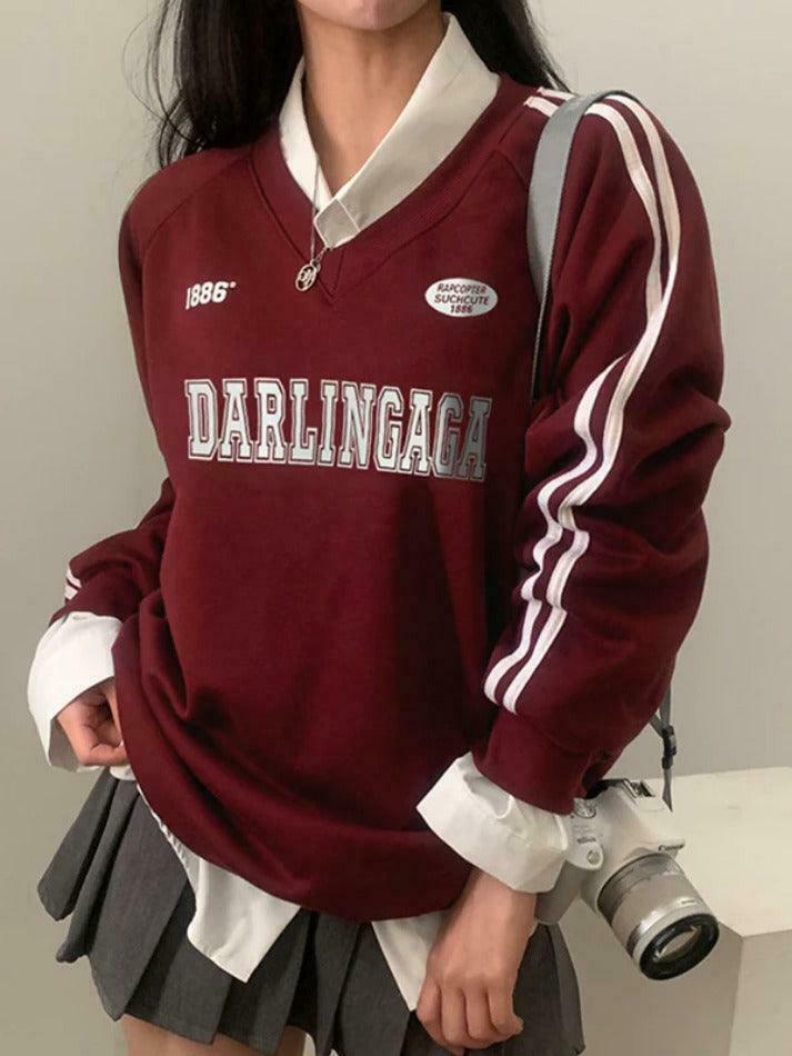 Vintage Letter Print V Neck Piping Long Sleeve Tee - Y2K Fashion Aesthetic Top