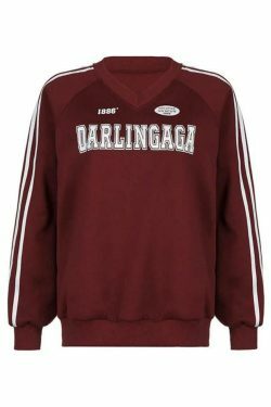 Vintage Letter Print V Neck Piping Long Sleeve Tee - Y2K Fashion Aesthetic Top