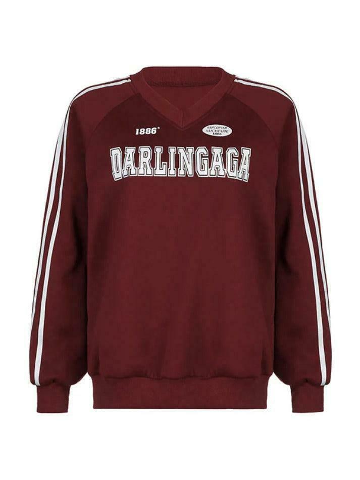 Vintage Letter Print V Neck Piping Long Sleeve Tee - Y2K Fashion Aesthetic Top