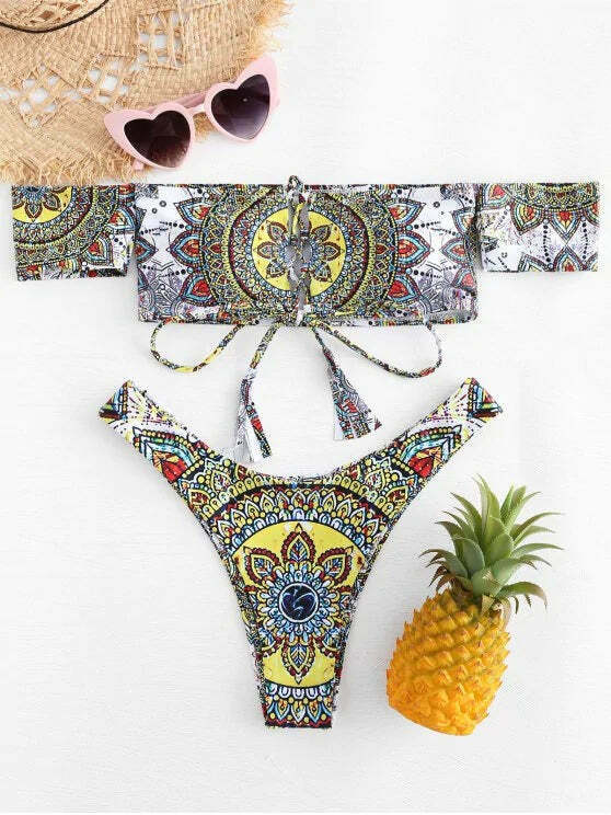 Vintage Mandala Print Off Shoulder Bikini Set - Y2K Fashion Swimwear for Women