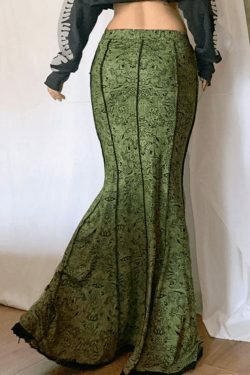 Vintage Mermaid Patchwork Printed Maxi Skirt - Y2K Fashion Statement with Coquette Aesthetic Flair