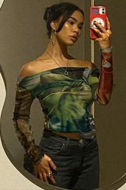 Vintage Mesh Tee with Y2K Aesthetic Prints - Coquette & Grunge Style Women's Fashion