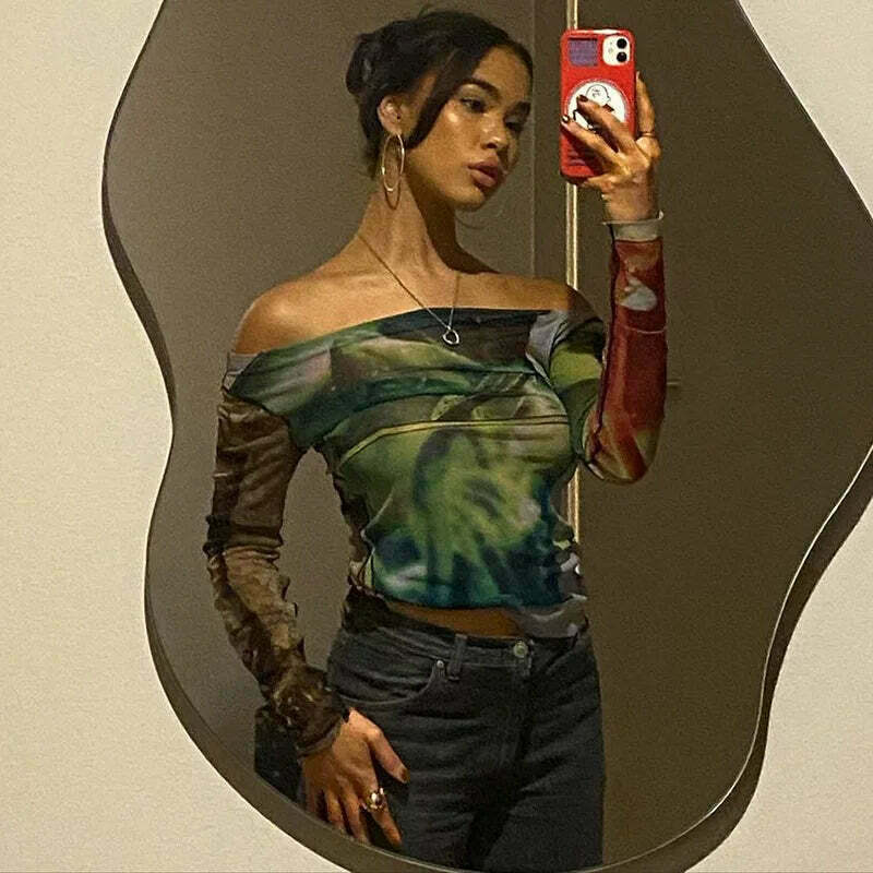 Vintage Mesh Tee with Y2K Aesthetic Prints - Coquette & Grunge Style Women's Fashion Vintage Mesh Tee with Y2K Aesthetic Prints - Coquette & Grunge Style Women's Fashion