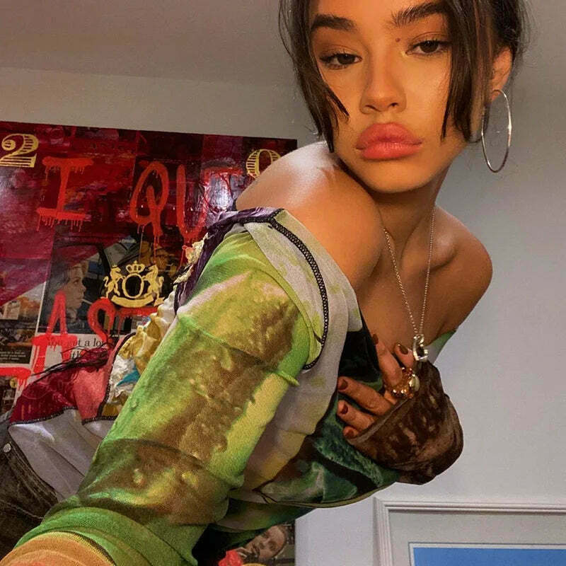 Vintage Mesh Tee with Y2K Aesthetic Prints - Coquette & Grunge Style Women's Fashion Vintage Mesh Tee with Y2K Aesthetic Prints - Coquette & Grunge Style Women's Fashion