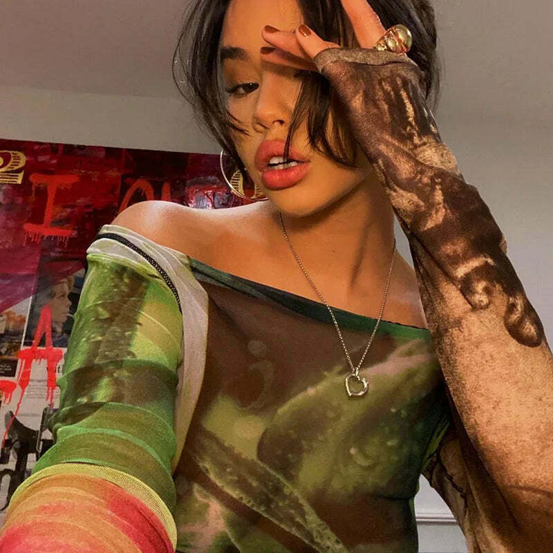 Vintage Mesh Tee with Y2K Aesthetic Prints - Coquette & Grunge Style Women's Fashion Vintage Mesh Tee with Y2K Aesthetic Prints - Coquette & Grunge Style Women's Fashion