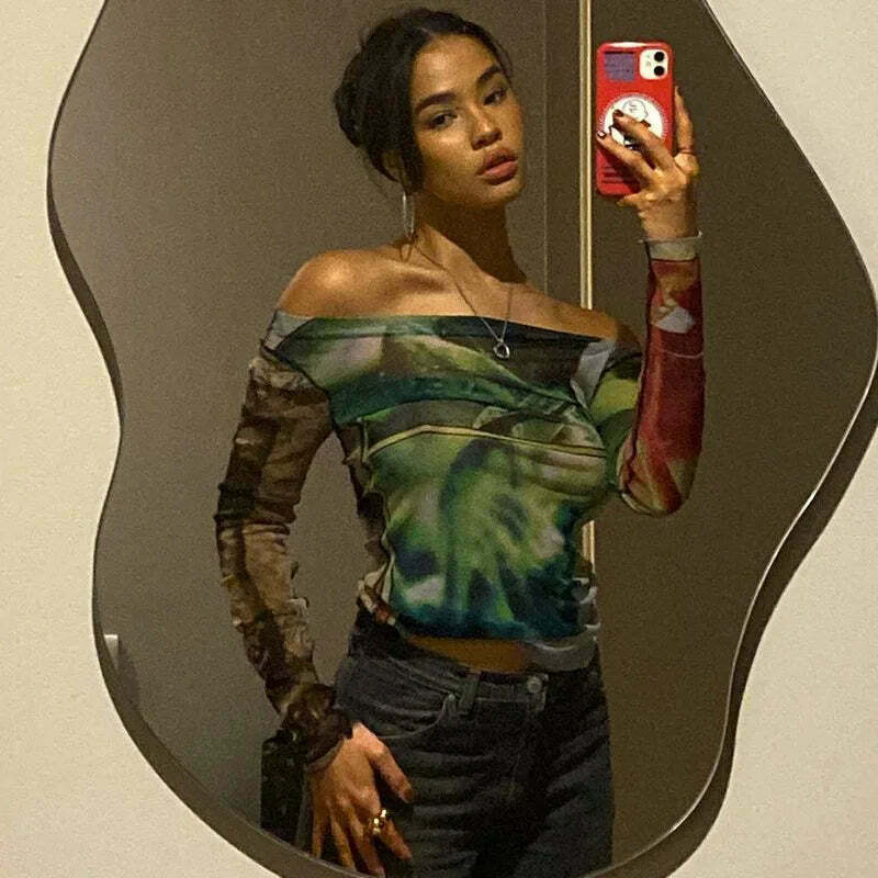 Vintage Mesh Tee with Y2K Aesthetic Prints - Coquette & Grunge Style Women's Fashion Vintage Mesh Tee with Y2K Aesthetic Prints - Coquette & Grunge Style Women's Fashion