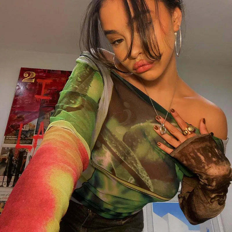 Vintage Mesh Tee with Y2K Aesthetic Prints - Coquette & Grunge Style Women's Fashion Vintage Mesh Tee with Y2K Aesthetic Prints - Coquette & Grunge Style Women's Fashion