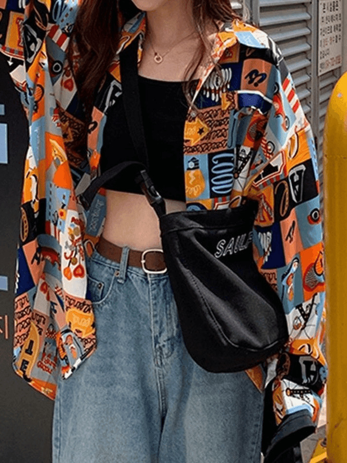 Vintage Mixed Print Long Sleeve Blouse in Y2K Fashion Aesthetic