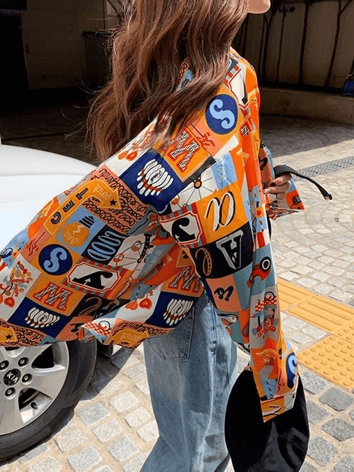 Vintage Mixed Print Long Sleeve Blouse in Y2K Fashion Aesthetic