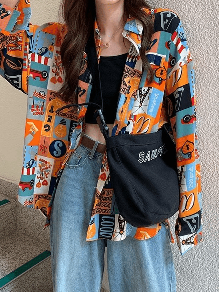 Vintage Mixed Print Long Sleeve Blouse in Y2K Fashion Aesthetic
