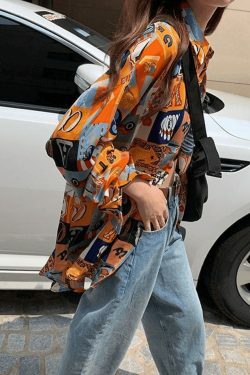 Vintage Mixed Print Long Sleeve Blouse in Y2K Fashion Aesthetic