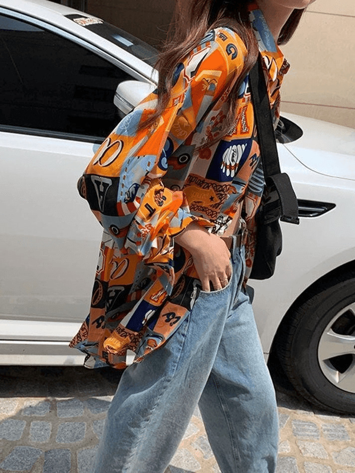 Vintage Mixed Print Long Sleeve Blouse in Y2K Fashion Aesthetic
