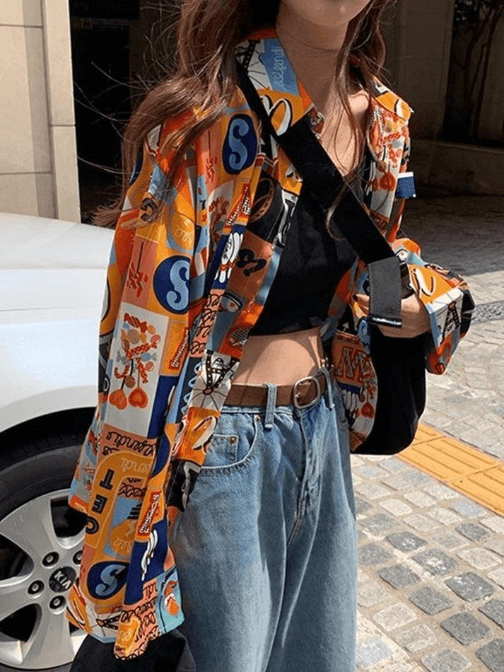 Vintage Mixed Print Long Sleeve Blouse in Y2K Fashion Aesthetic