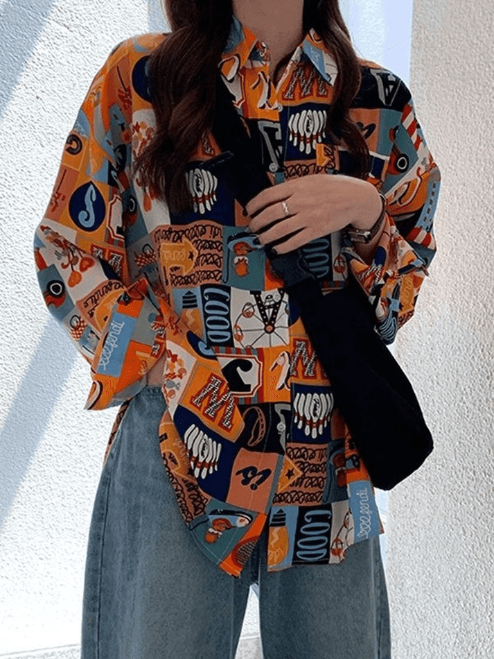 Vintage Mixed Print Long Sleeve Blouse in Y2K Fashion Aesthetic