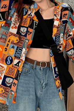 Vintage Mixed Print Long Sleeve Blouse in Y2K Fashion Aesthetic