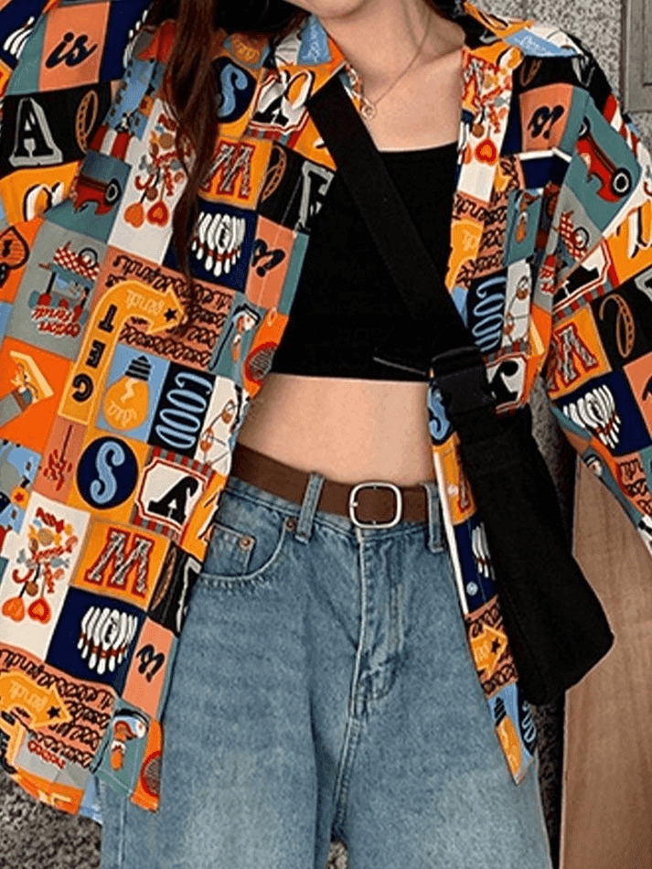 Vintage Mixed Print Long Sleeve Blouse in Y2K Fashion Aesthetic