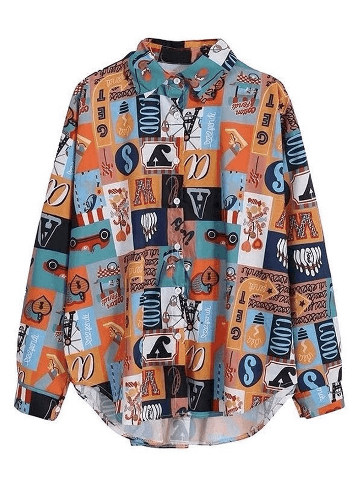 Vintage Mixed Print Long Sleeve Blouse in Y2K Fashion Aesthetic