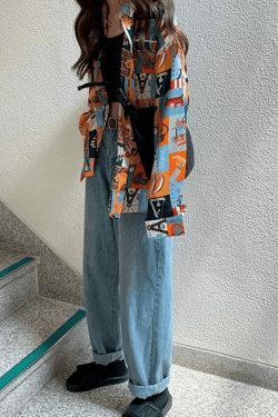 Vintage Mixed Print Long Sleeve Blouse in Y2K Fashion Aesthetic