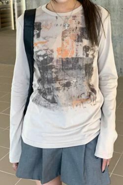 Vintage Newspaper Print Long Sleeve Tee - Y2K Fashion Women's Top with Coquette Aesthetic