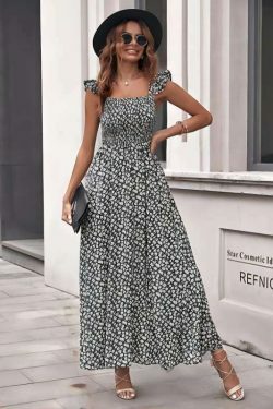 Vintage Olive Floral Square Collar Dress - Y2K Fashion with Coquette & Grunge Aesthetics