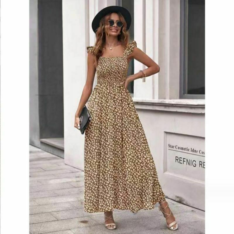 Vintage Olive Floral Square Collar Dress - Y2K Fashion with Coquette & Grunge Aesthetics