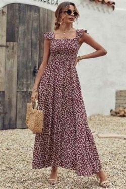 Vintage Olive Floral Square Collar Dress - Y2K Fashion with Coquette & Grunge Aesthetics